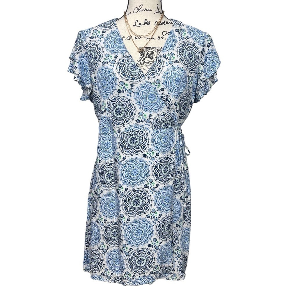 Harper Heritage Floral Design Ruffle Cap Sleeve Wrap Dress Blue - Picture 3 of 14